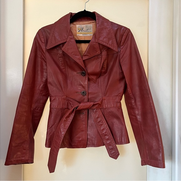 Vintage Burgundy Belted Leather Blazer - Picture 1 of 6